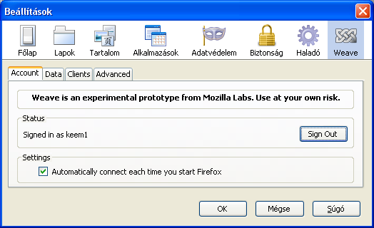 A Mozilla Weave beállításait a Firefox paneljába ékelődve találjuk Mozilla Weave beállítások