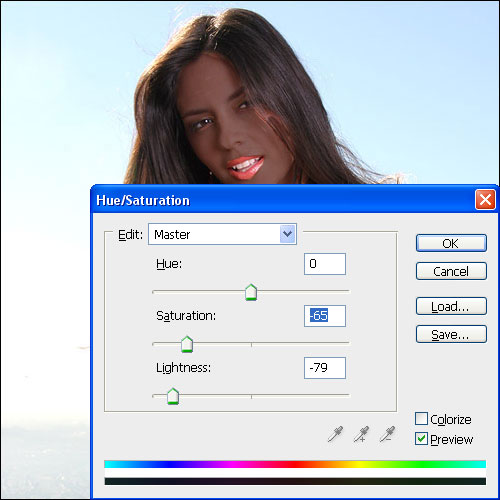 A Hue/Saturation ablakban állítsuk be a bÅr új tónusát A Hue/Saturation ablakban állítsuk be a bÅr új tónusát