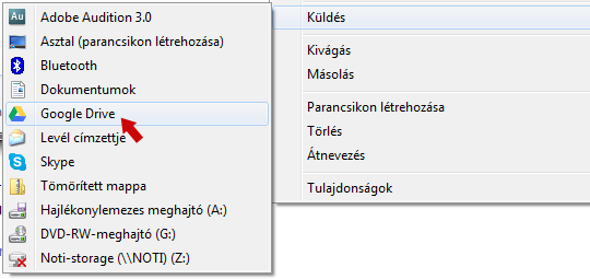 Google Drive helyi menü